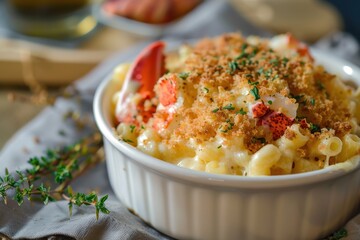 A bowl of lobster mac and cheese, creamy and cheesy, with chunks of lobster meat and a crispy breadcrumb topping