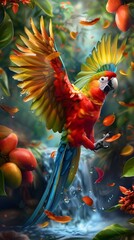 Vibrant Parrot in Tropical Jungle Water Spring with Mangoes