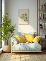 room, interior, table, chair, home, furniture, design, A vibrant orange armchair with square armrests is placed in front of large Windows to let natural light into the room