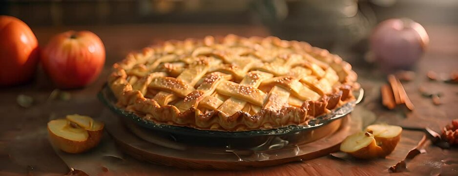 Freshly baked apple pie with a flaky golden crust, 4K hyperrealistic video