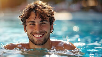 Smiling man enjoying a refreshing swim in a pool on a sunny day, symbolizing relaxation and summer fun