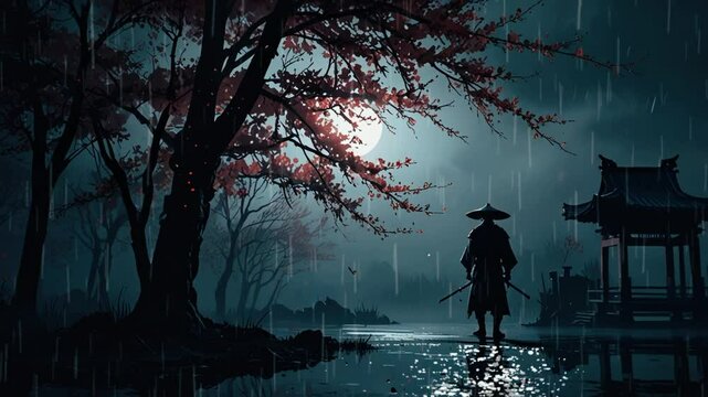 The samurai ronin stood tall defiantly. Seamless looping 4k video animation