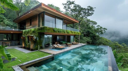 Modern villa featuring an infinity pool and sleek design, nestled in a forested mountain area, providing a perfect blend of luxury and nature