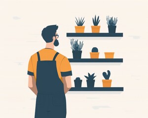 Fototapeta premium Man in apron observing potted plants on shelves, minimalist illustration with neutral background, focus on plants and nature.