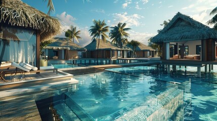 Obraz premium A luxurious island resort with a modern tropical design