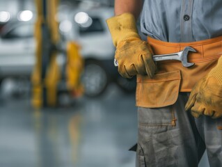 Mechanic holding a wrench in an automotive repair shop, wearing protective gloves and work attire, ready for vehicle maintenance.
