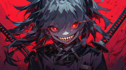 Sinister Girl in Anime Style with Malicious Smile, Fanged White Teeth, Glowing Eyes.