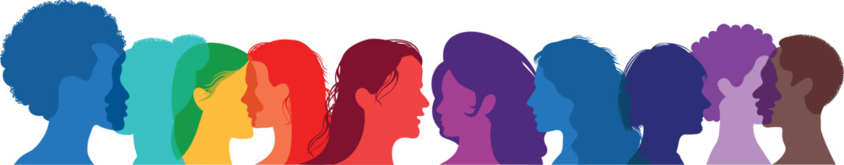 Silhouette of a group of multiethnic people. Racial equality in a multicultural society. Anti-racism concept. Profile silhouettes of different people