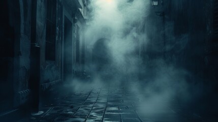 eerie white fog drifting through a shadowy alley, halloween-themed backdrop creating an atmosphere of chilling terror for a fright-filled evening