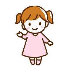 笑顔で案内するかわいい女の子の全身イラスト 手描き線画 幼児