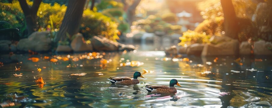A tranquil pond with ducks swimming peacefully.