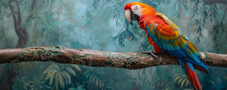 A close-up of a colorful macaw perched on a branch.