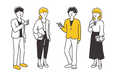立ってミーティング・会話をするビジネスパーソン（男女）の全身イラスト素材