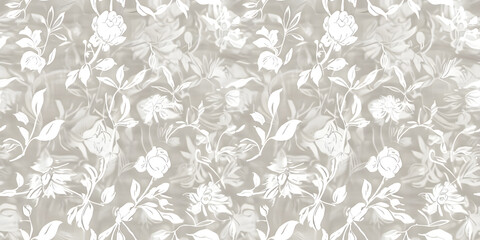 Seamless french gender neutral floral linen printed fabric border background. Light mottled white on grey cottage core block print pattern. Shabby chic woven duotone cloth effect.