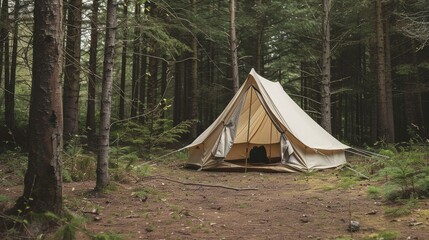 A comfortable camping tent is situated in a tranquil pine woodland as the sun sets