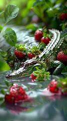 Menacing Crocodile Lurking Near Alkaline Spring with Floating Strawberries