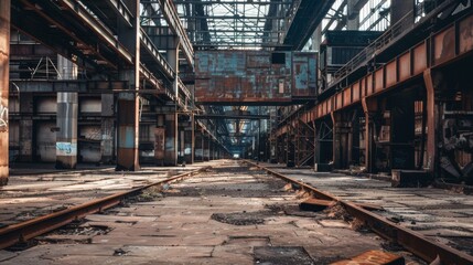 BThe guts of a massive industrial building with many pipes and catwalks