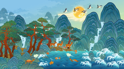 Oriental painting, 10 longevity symbols, Korean traditional folk painting illustrations Sea, mountains, water, stones, clouds, pine trees, herb of elixir, turtle, crane, deer, 십장생도, 한국 전통 민화