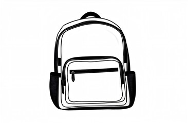 Detailed, black and white illustration of a spacious backpack with multiple compartments and pockets