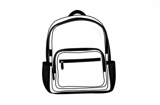 recommend clip art: Detailed, black and white illustration of a spacious backpack with multiple compartments and pockets