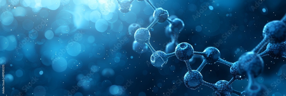 Poster an abstract representation of a blue molecular structure, representing the fields of science and tec