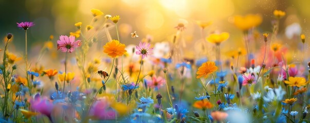 A field of wildflowers with bees buzzing around.