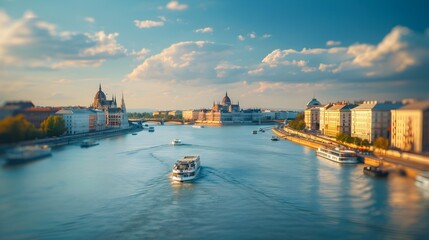 Fototapeta premium Blurry Cityside Danube River Scene with Boats and Copy Space for Text