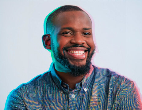 Vibrant Glitch Art of Tattooed Man Giggling in Studio with High-Contrast Effects