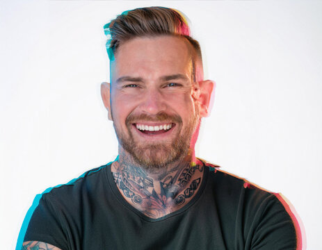 Vibrant Glitch Art of Tattooed Man Giggling in Studio with High-Contrast Effects