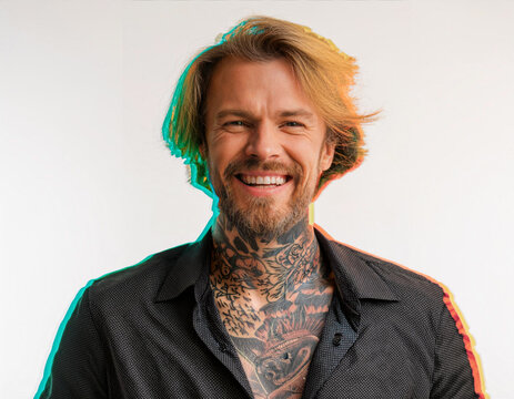 Vibrant Glitch Art of Tattooed Man Giggling in Studio with High-Contrast Effects