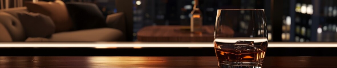Glass of whiskey with ice on a wooden table.