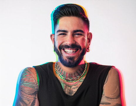 Vibrant Glitch Art of Tattooed Man Giggling in Studio with High-Contrast Effects