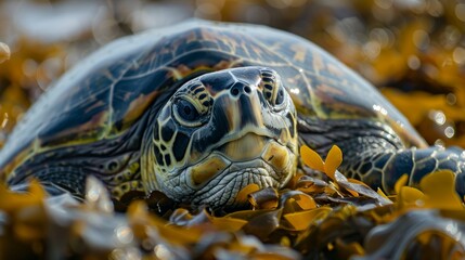 Obraz premium Closeup of a Green Sea Turtle Resting on a Bed of Seaweed in Shallow Water