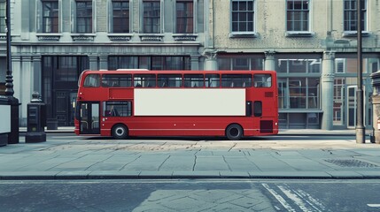 Illustration of a Red London bus with blank white space for mockup information is parked at urban street with stone road and sidewalk, advertising concept