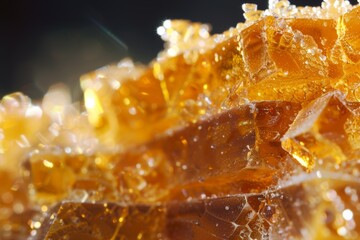 Closeup of Golden Brown Sugar Crystals with Glistening Light Reflections