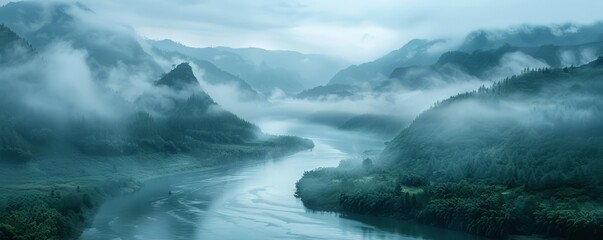 A serene river winding through a misty valley.