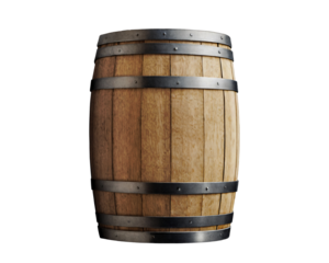 Vintage wooden barrel with metal hoops isolated on an empty background