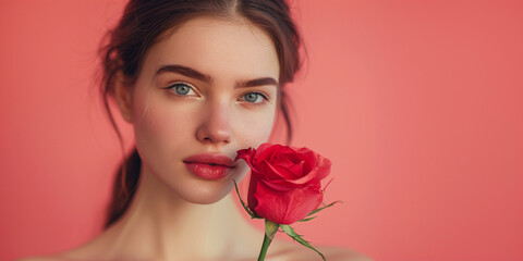 A beautiful girl with natural makeup on a pink background, holding a red rose in her hand, close-up. Portrait photography in the style of Beauty and fashion.