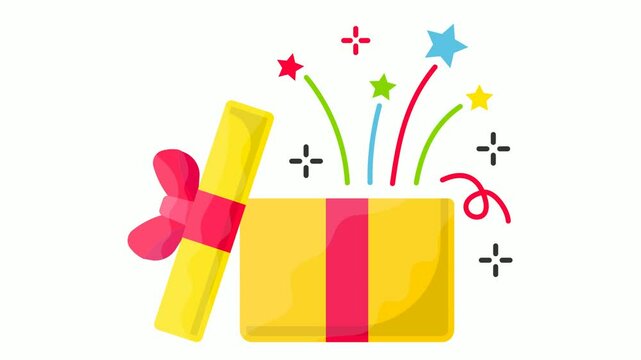 Explosion gift box animated video, Surprised yellow Cardboard Opening with Fireworks animation, Party Celebrations and Winter Holiday Season Clip, New Year and Christmas Stock animation