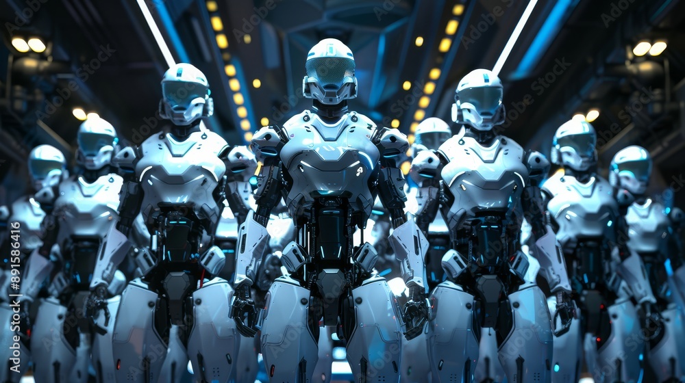 Poster row of futuristic robots with glowing red eyes in a high-tech facility