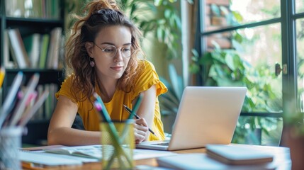 Creative Learning: Young Woman Engaging in Graphic Design Online Course with Laptop, Stylus, Sketchbook, and Digital Drawings