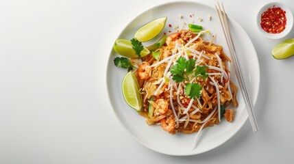 Pad Thai. Shrimp pad thai on a plate, white background.