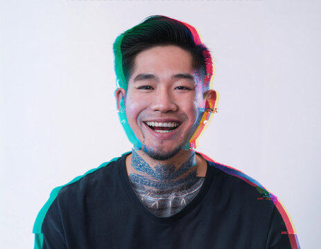 Vibrant Glitch Art of Tattooed Man Giggling in Studio with High-Contrast Effects