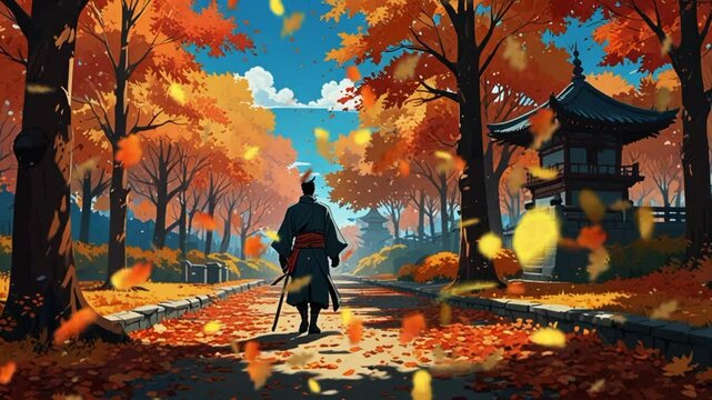 The samurai ronin stood tall defiantly. Seamless looping 4k video animation