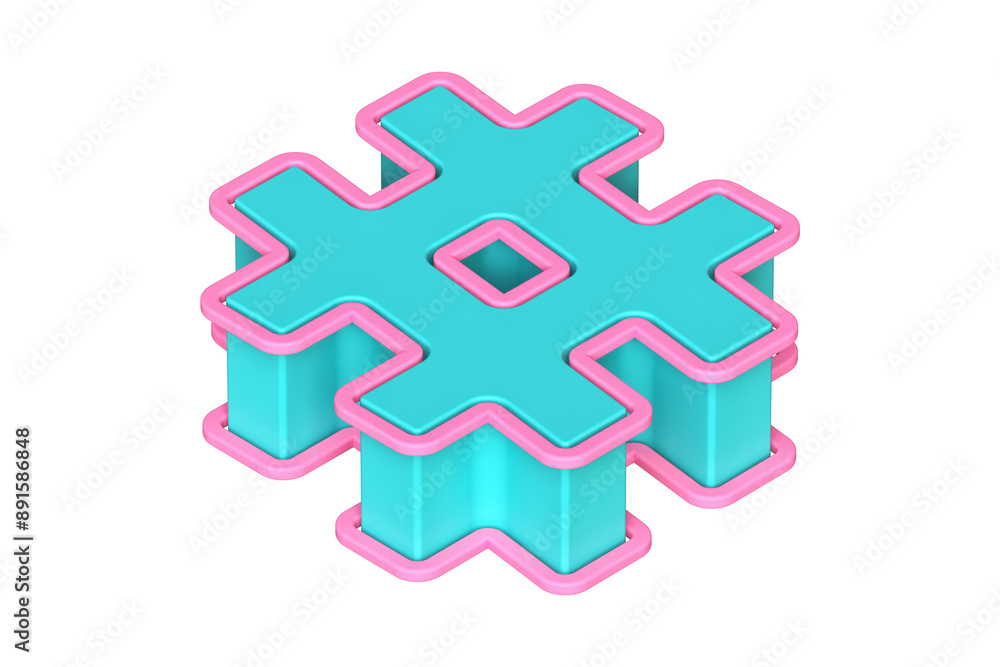 Poster hashtag 3d icon in teal and pink. isometric top viewpoint 3d rendering display font suitable for pos