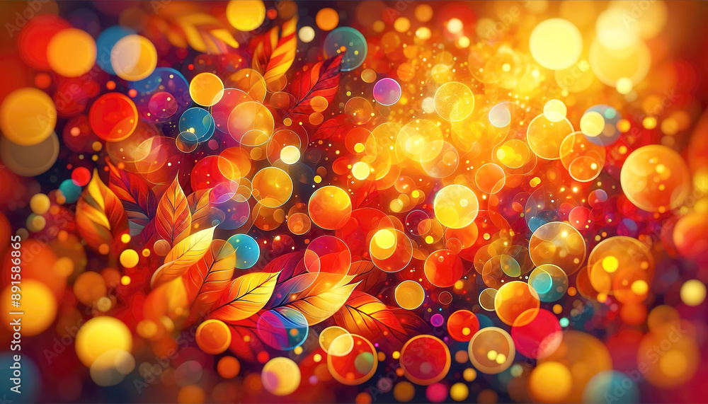 Poster abstract background with bokeh and autumn leaves in warm tones