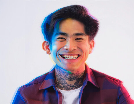 Vibrant Glitch Art of Tattooed Man Giggling in Studio with High-Contrast Effects