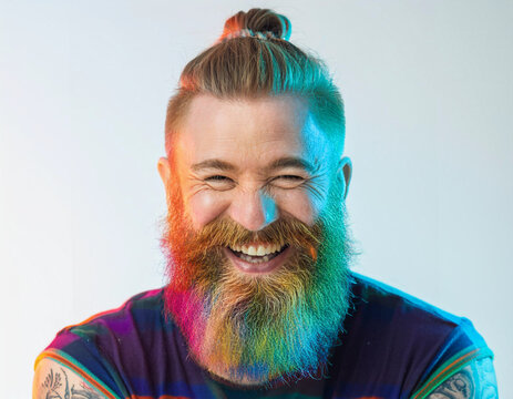Vibrant Glitch Art of Tattooed Man Giggling in Studio with High-Contrast Effects