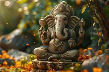 Fototapeta premium Stone statue of Ganesha surrounded by vibrant flowers in a garden.