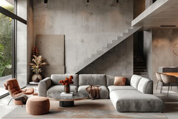 Modern living room with a grey sofa, orange armchair, and green plants, showcasing a minimalist design.